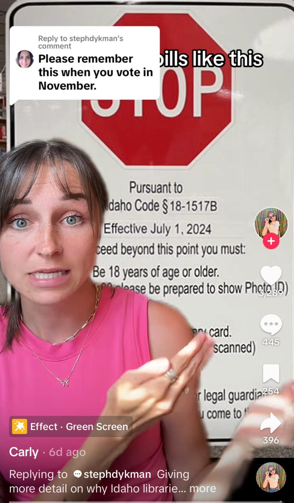 Carly explains a TikTok comment about Idaho's new law requiring adult ID for library access. Large "STOP" sign and text in the background