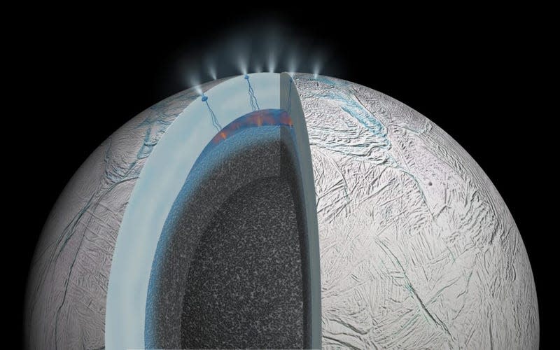 Artistic depiction of Saturn’s moon Enceladus, showing hydrothermal activity on the seafloor and cracks in the moon’s icy crust, enabling material from the watery interior to be shot into space. - Image: NASA/JPL-Caltech