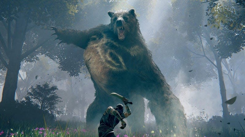 A Runebear, which might turn out to be a dragon-powered bear, attacks the player in Elden Ring.