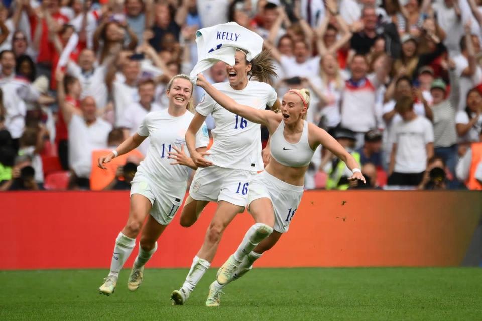 31 July 2022: England's striker Chloe Kelly  celebrates after scoring her team second goal during the UEFA Women's Euro 2022 final football match between England and Germany at the Wembley stadium (AFP/Getty)