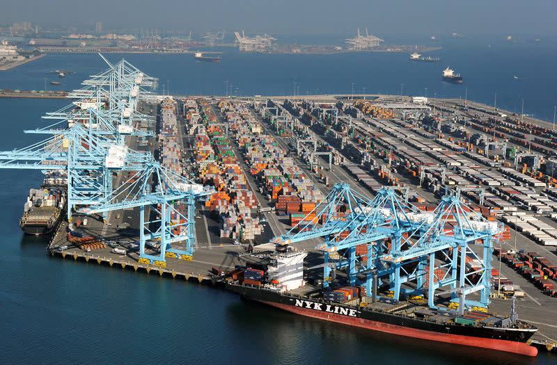 FILE PHOTO: Ships gather off the ports of Los Angeles and Long Beach, California in an aerial image