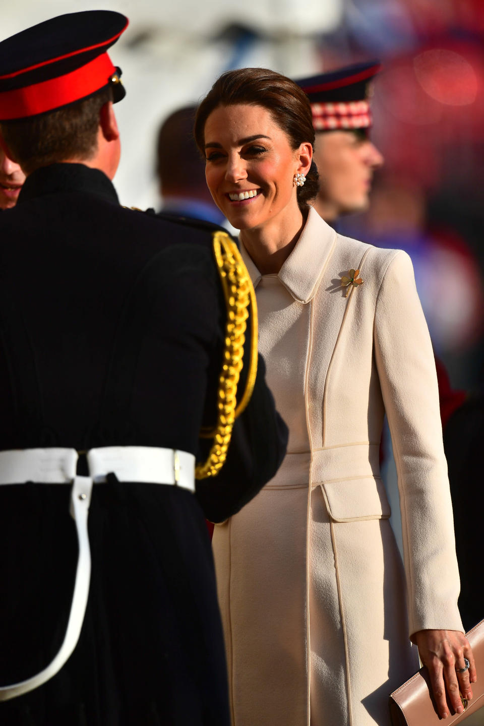 The Duchess of Cambridge arrives to watch members of the Massed Bands of the Household Division during the annual Beating Retreat ceremony, which features over 750 soldiers, on Horse Guards Parade, London.