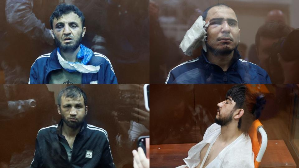 2024年3月24日，莫斯科恐攻嫌犯出庭。上排左起：32歲的米佐耶夫（Dalerdjon Mirzoyev）、30歲的拉查巴利佐達（Saidakrami Rachabalizoda）；下排左起：25歲的法利杜尼（Shamsidin Fariduni）、19歲的法伊佐夫（Mukhammadsobir Faizov）。四人皆為塔吉克籍。路透社