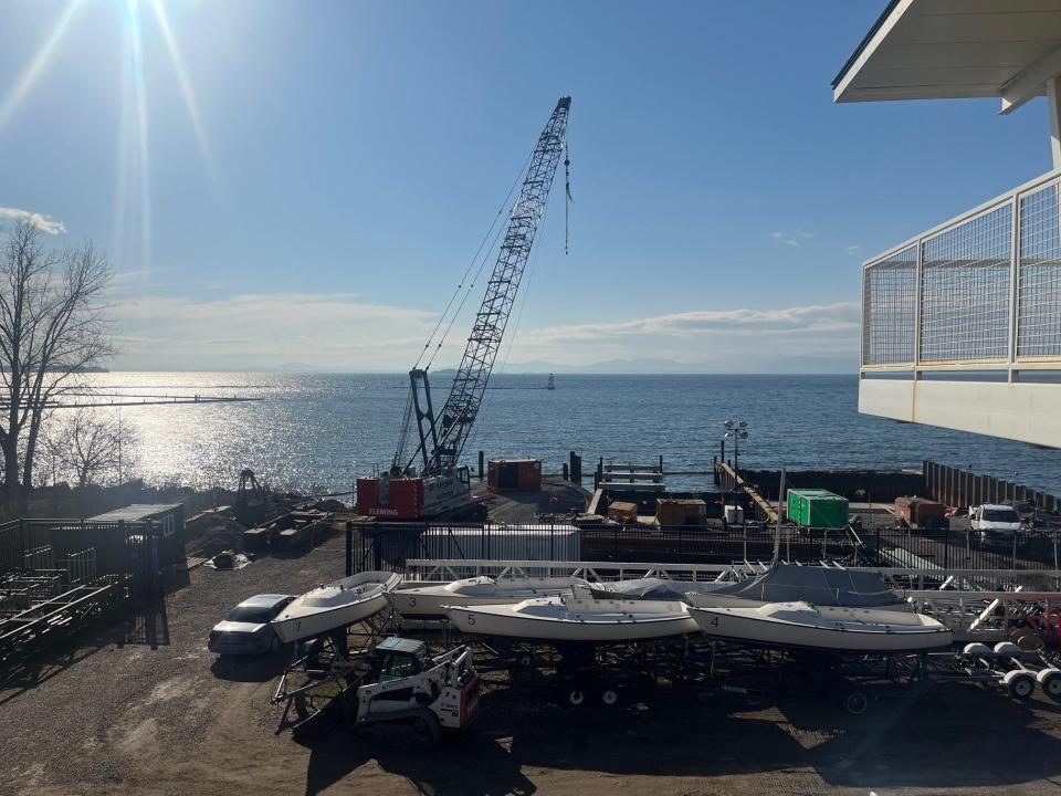 A crane towers over the construction site for the Community Sailing Center's new waterfront, as seen on Feb. 9, 2024.