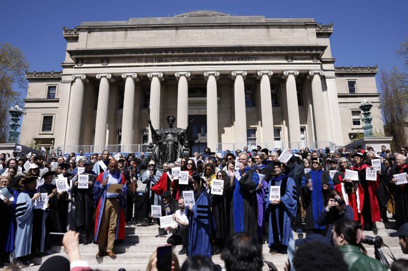 A faculty rally in favor of academic free speech is held in the main quad at Columbia University in New York on Monday. Columbia University announced that classes would be held remotely starting Monday, as pro-Palestinian protests continued for the sixth day on the school's campus. Photo by John Angelillo/UPI