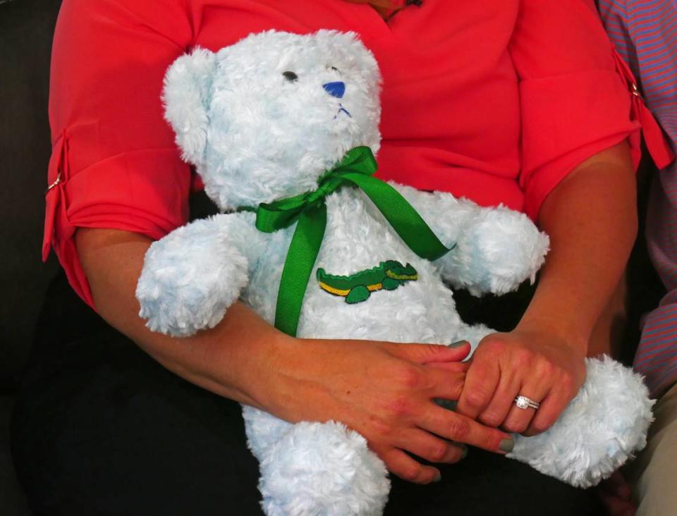 On the couch at the Johnsons’ home in Orlando rests a baby blue teddy bear with a green ribbon around its neck. It weighs seven pounds, 13.2 ounces — exactly the same as Cooper at the moment of his birth.