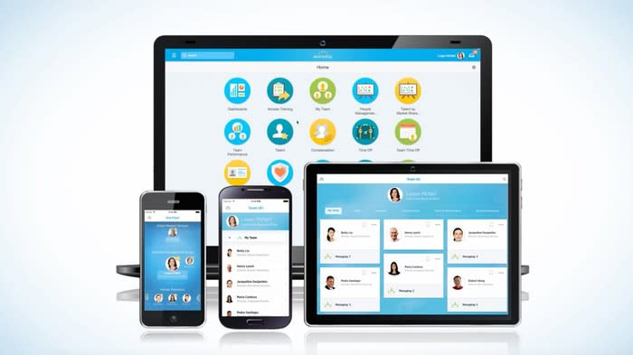 Workday's software running on multiple devices including smartphones, a tablet, and notebook computer.