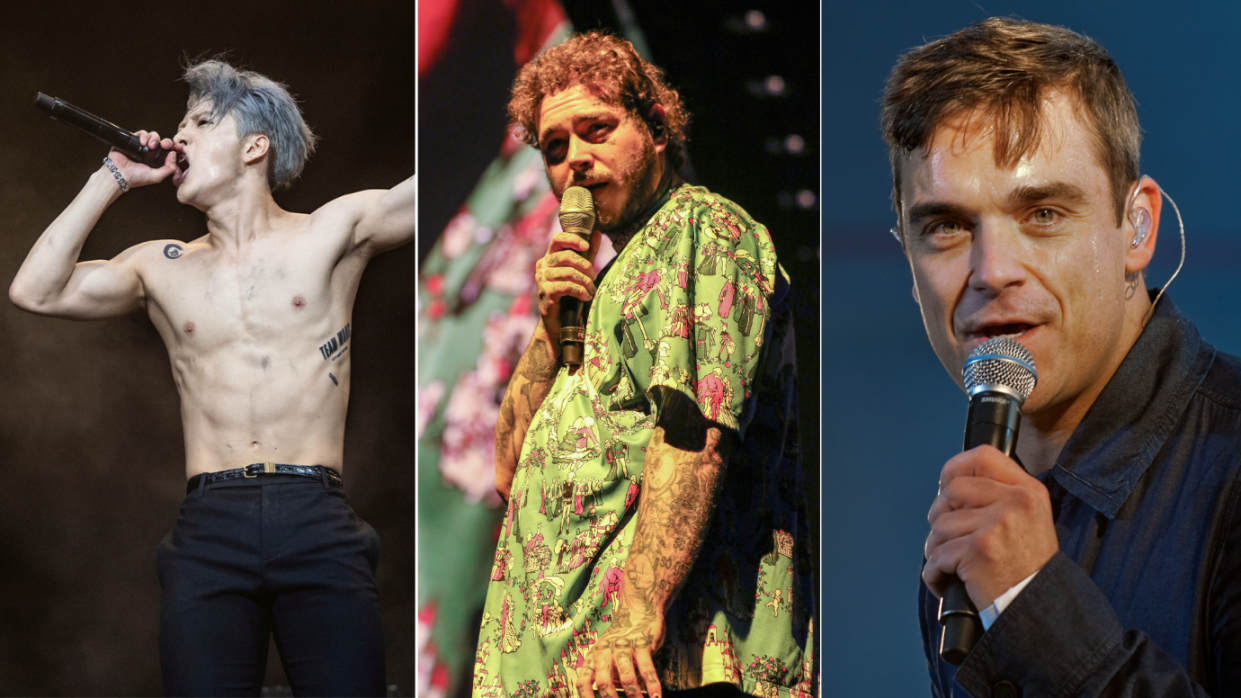 Jackson Wang performing at Coachella (left), Post Malone on tour (middle) and closeup of Robbie Williams