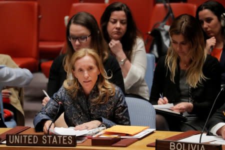 FILE PHOTO: U.S. Representative on the Economic and Social Council, Kelley E. Currie, speaks during a meeting of the UN Security Council at UN headquarters in New York, U.S., April 17, 2018. REUTERS/Lucas Jackson/File Photo