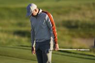 Team Europe's Sergio Garcia reacts after missing a putt on the second hole during a foursomes match the Ryder Cup at the Whistling Straits Golf Course Saturday, Sept. 25, 2021, in Sheboygan, Wis. (AP Photo/Jeff Roberson)