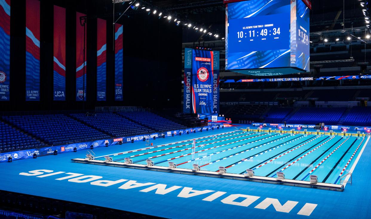 A look at the pool Wednesday, June 5, 2024, inside Lucas Oil Stadium which is set to host the U.S. Olympic Team Trials for USA Swimming. It is the first Olympic size pool to be built inside an NFL Stadium.