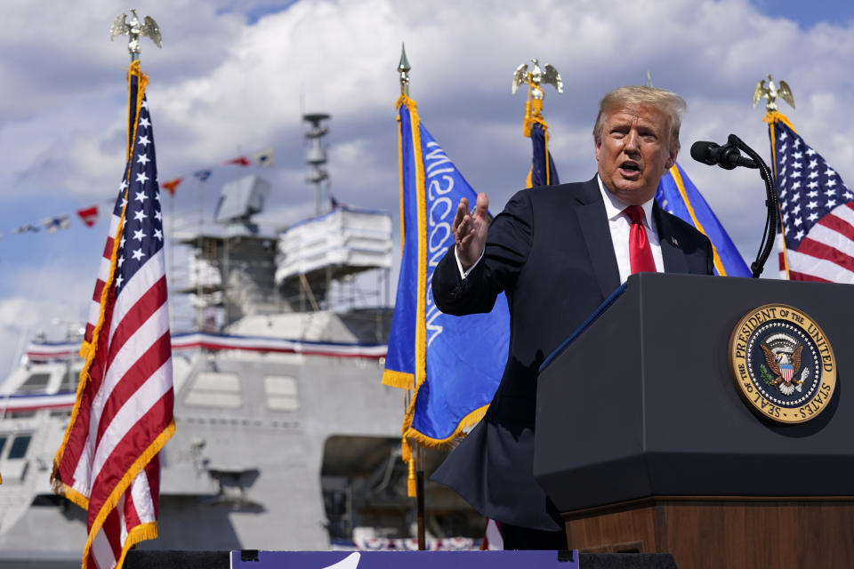 President Donald Trump speaks during a visit to Fincantieri Marinette Marine, Thursday, June 25, 2020, in Marinette, Wis. (AP Photo/Evan Vucci)