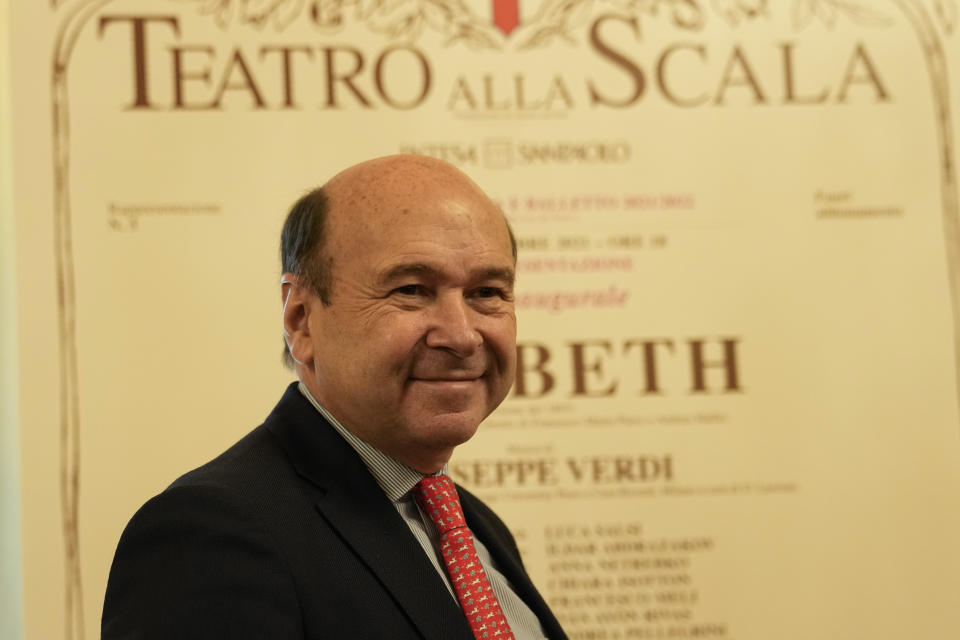 La Scala opera house general manager Dominique Meyer poses for photographers prior to the start of a news conference to present Giuseppe Verdi's 'Macbeth', directed by Italian conductor Riccardo Chailly, who will open the opera season at the La Scala opera house next, Dec.7, in Milan, Italy, Monday, Nov. 29, 2021. (AP Photo/Luca Bruno)