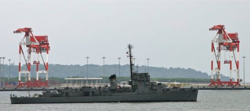 Philippine navy ship BRP Rajah Humabon is seen leaving Subic Bay, the former US navy base, near the south China sea, on July 27. Tensions between the Philippines and China over the South China Sea have been running high due to disputes over the Reed Bank and the Spratly islands to the south of the prospects, and Scarborough Shoal to the north