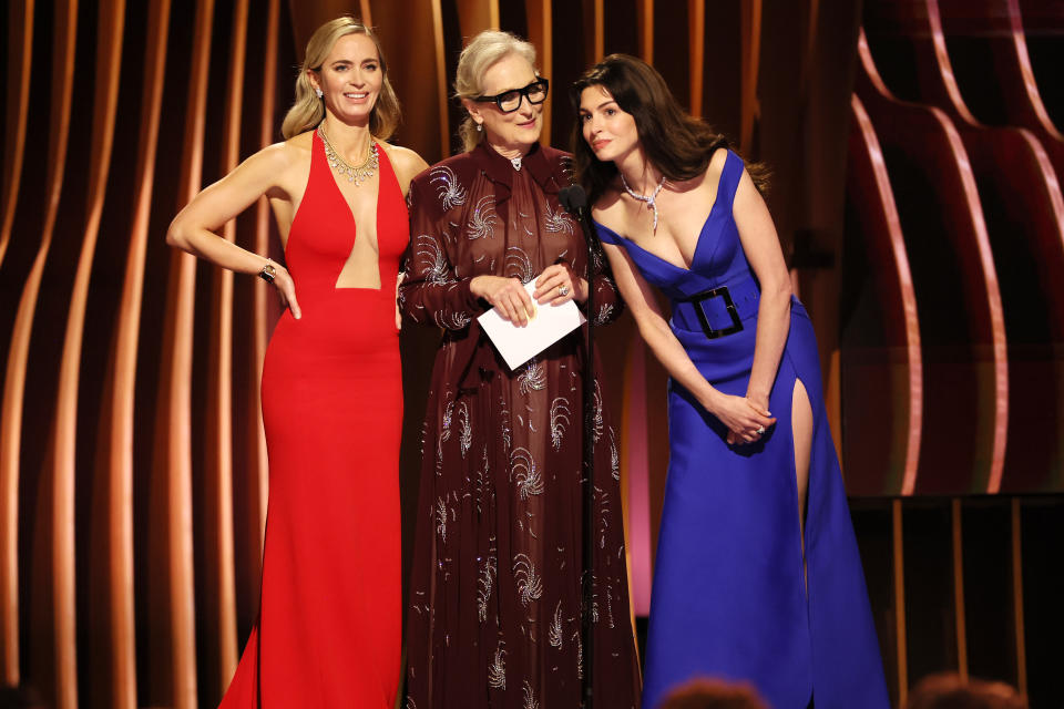 Los Angeles, CA - February 24: Emily Blunt, Meryl Streep and Anne Hathaway photographed during the 30th Screen Actors Guild Awards in Shrine Auditorium and Expo Hall in Los Angeles, CA, Saturday, Feb. 24, 2024. (Robert Gauthier / Los Angeles Times via Getty Images)