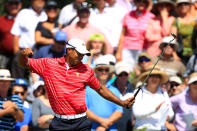 MELBOURNE, AUSTRALIA - NOVEMBER 18: Tiger Woods of the U.S. Team reacts to his putt on the fourth hole during the Day Two Four-Ball Matches of the 2011 Presidents Cup at Royal Melbourne Golf Course on November 18, 2011 in Melbourne, Australia. (Photo by Scott Halleran/Getty Images)