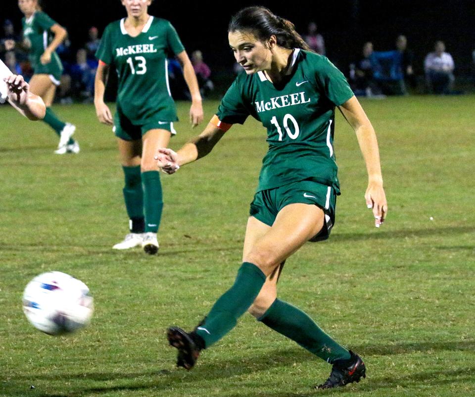 McKeel senior Ava King takes a shot against Lakeland Christian. McKeel lost, 2-0, but King had two goals later in the week in the Wildcats' 4-0 win over Harmony.