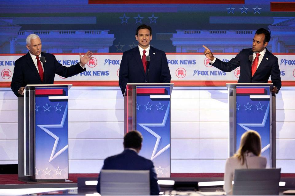 PHOTO: Republican presidential candidates, former U.S. Vice President Mike Pence, Florida Gov. Ron DeSantis and Vivek Ramaswamy participate in the first debate of the GOP primary season hosted by FOX News at the Fiserv Forum, Aug. 23, 2023 in Milwaukee. (Win Mcnamee/Getty Images)