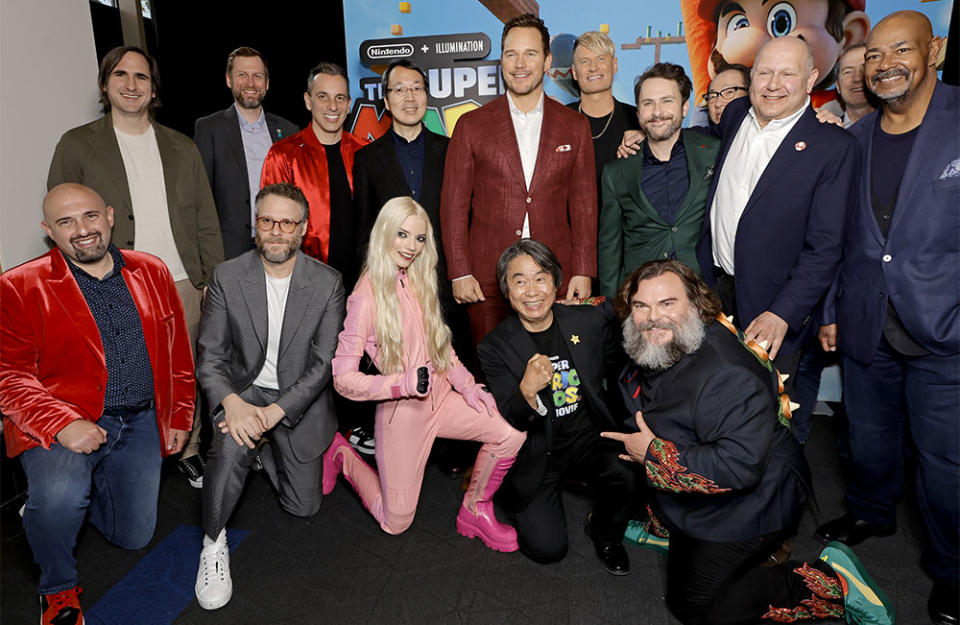 Michael Jelenic, Aaron Horvath, Sebastian Maniscalco, Nintendo's Takumi Kawagoe, Christ Pratt, Brian Tyler, Charlie Day, Nintendo's Koji Kondo, Chris Melendandri, CEO of Illumination, guest, Kevin Michael Richardson, and (Bottom second L-R) Seth Rogen, Anya Taylor-Joy, Nintendo's Shigeru Miyamoto, and Jack Black attend a Special Screening of Universal Pictures' "The Super Mario Bros." at Regal LA Live on April 01, 2023 in Los Angeles, California.