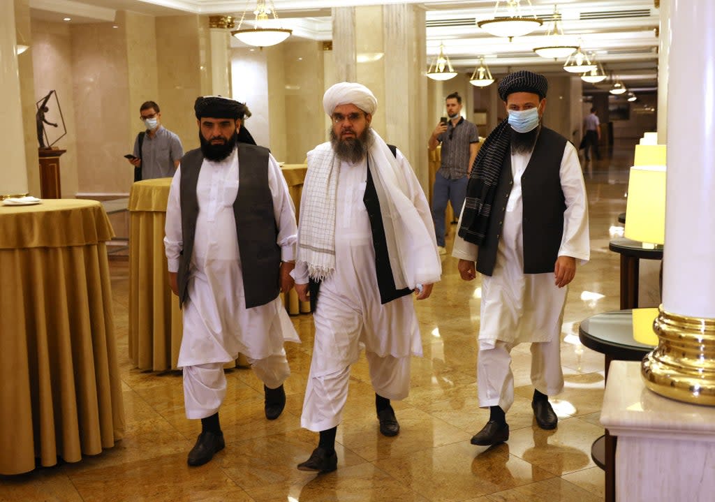 Taliban leaders and negotiators attend a press conference in Moscow on 9 July 2021 (AFP via Getty Images)
