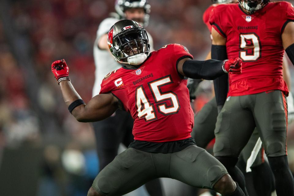 Dec 24, 2023; Tampa, Florida, USA; Tampa Bay Buccaneers linebacker Devin White (45) celebrates a sack against the Jacksonville Jaguars at Raymond James Stadium. Mandatory Credit: Jeremy Reper-USA TODAY Sports