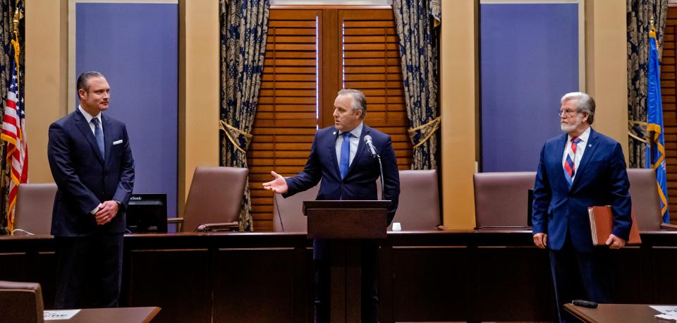 Senate Pro Tem Greg Treat speaks at a news conference to announce a Fiscal Year 2021 budget agreement at the Oklahoma state Capitol on May 4, 2020.  Treat said Thursday he is "more determined than ever" to pursue school choice legislation following opposition from House Speaker Charles McCall, left, to private-school voucher expansion.