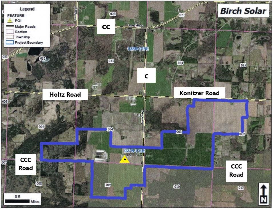 This map of part of the town of Morgan shows the boundary lines of a potential solar energy installation in blue. The blue line was enhanced and the location markings were added to the map. The yellow triangle is the location of the Morgan Substation.