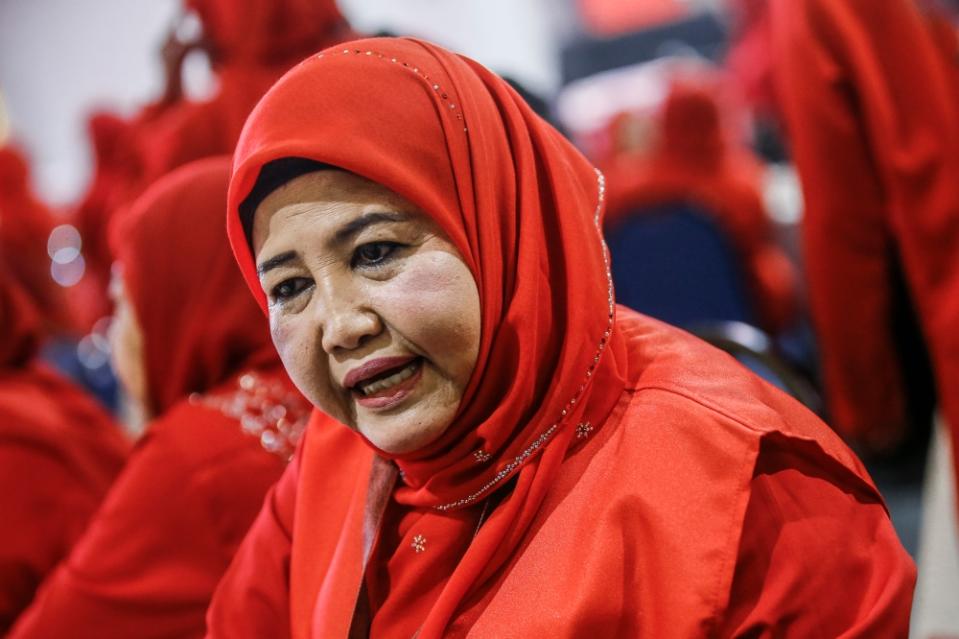 Sg Siput Women's chief Datuk Zaitun Ab Rahman speaks to Malay Mail during the 2023 general assembly at the World Trade Centre in Kuala Lumpur June 7, 2023. — Picture by Hari Anggara