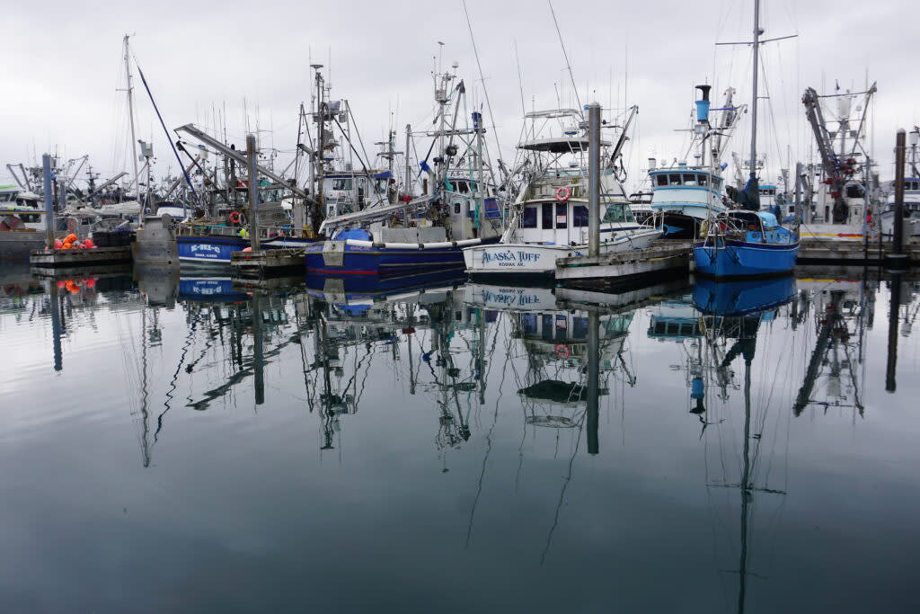 Fishing boats are lines up on Oct. 3, 2022, at a dock at Kodiak's St. Paul Harbor. (Photo by Yereth Rosen/Alaska Beacon)