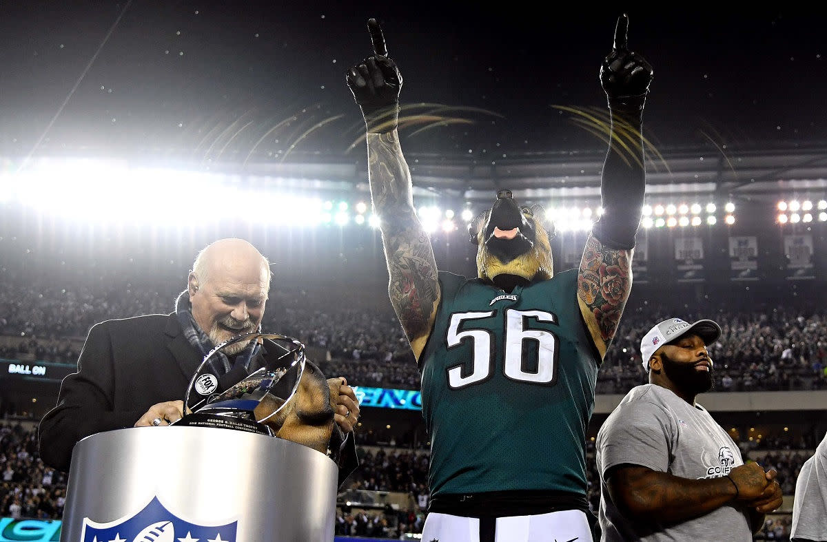 Philadelphia Eagles defensive end Chris Long (56) celebrates as he