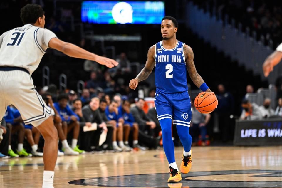 Jan 9, 2024; Washington, District of Columbia, USA; Seton Hall Pirates guard Al-Amir Dawes (2) advances the ball as Georgetown Hoyas guard Wayne Bristol Jr. (31) defends during the first half at Capital One Arena. Mandatory Credit: Brad Mills-USA TODAY Sports