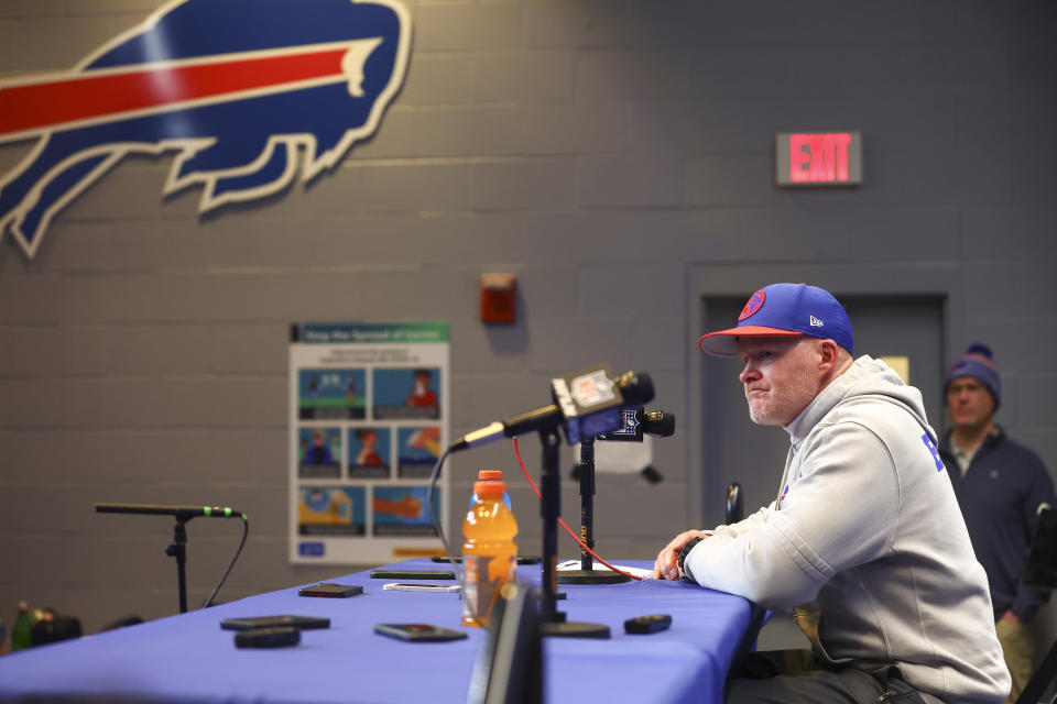 Buffalo Bills head coach Sean McDermott answers questions during a news conference after losing to the Kansas City Chiefs in an NFL AFC division playoff football game, Sunday, Jan. 21, 2024, in Orchard Park, N.Y. (AP Photo/Jeffrey T. Barnes)