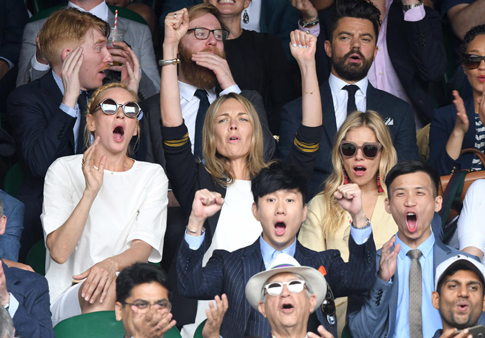 <p>The actresses took in the action at the men’s singles final at Wimbledon in London. They were there to watch Roger Federer take home a record eighth title at the tourney. (Photo: Karwai Tang/WireImage) </p>