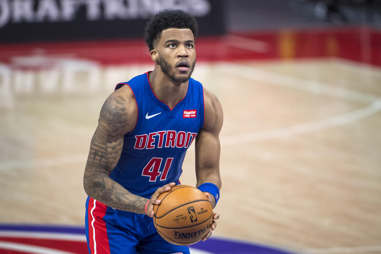  Saddiq Bey #41 of the Detroit Pistons looks to shoot a free throw against the Toronto Raptors during the third quarter at Little Caesars Arena on March 17, 2021 in Detroit, Michigan. NOTE TO USER: User expressly acknowledges and agrees that, by downloading and or using this photograph, User is consenting to the terms and conditions of the Getty Images License Agreement. (Photo by Nic Antaya/Getty Images)
