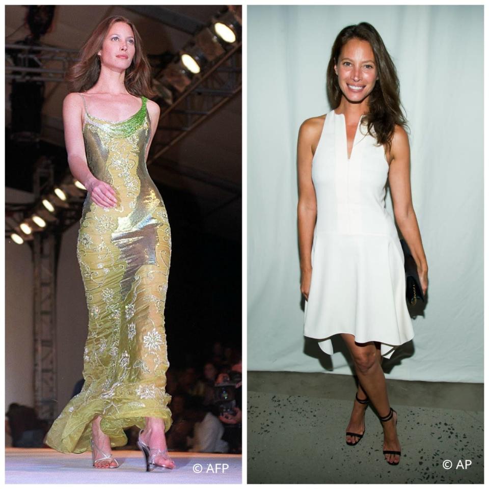 Then and now: (Left) File photo dated 1998 shows Christy Turlington present a creation by Donatella Versace at a charity auction at the Presidential Guesthouse in Cape Town, South Africa, organised by Naomi Campbell.