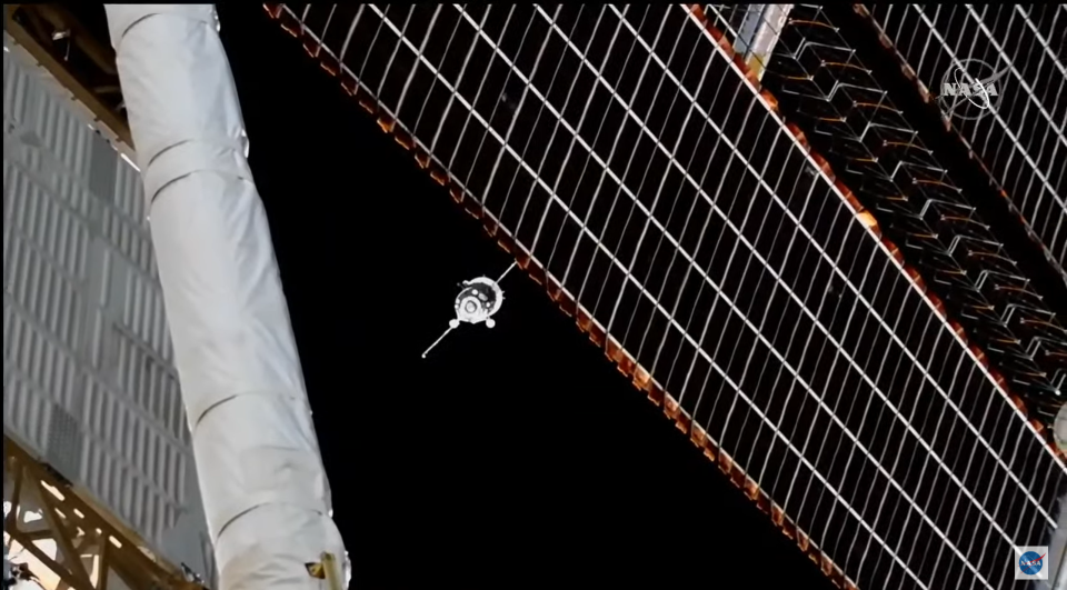 A view of the Soyuz MS-20 capsule flying near the International Space Station before docking on Dec. 8, 2021.