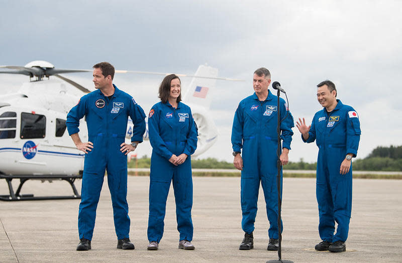 The Crew-2 astronauts, left to right: European Space Agency astronaut Thomas Pesquet, Megan McArthur, commander Shane Kimbrough and Japanese astronaut Akihiko Hoshide. / Credit: NASA