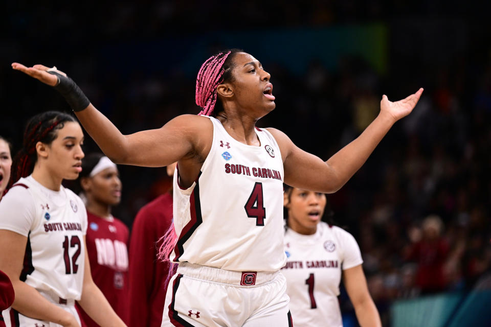 Aliyah Boston led South Carolina to a national championship this year and won National Player of the Year, yet she wasn't initially invited to the ESPYs Awards to he honored. (Photo by Ben Solomon/NCAA Photos via Getty Images)