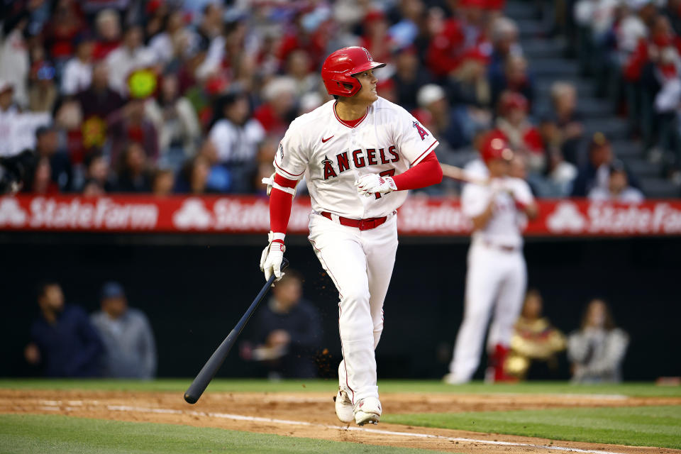 ANAHEIM, CALIFORNIA - MAY 24:  Shohei Ohtani #17 of the Los Angeles Angels hits a home run against the Boston Red Sox in the third inning at Angel Stadium of Anaheim on May 24, 2023 in Anaheim, California. (Photo by Ronald Martinez/Getty Images)