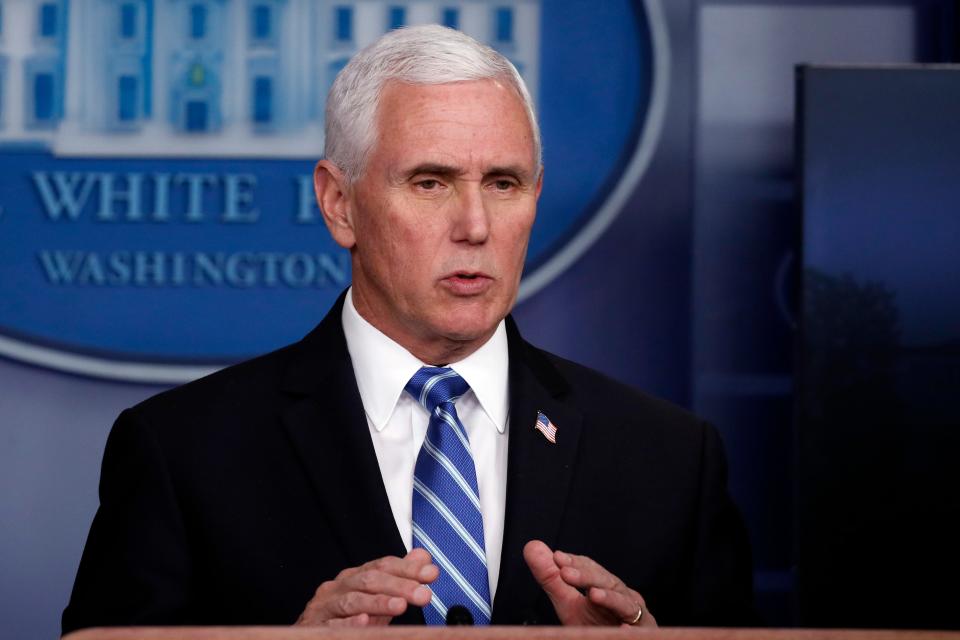 Vice President Mike Pence speaks about the coronavirus in the James Brady Press Briefing Room of the White House, Thursday, April 23, 2020, in Washington.
