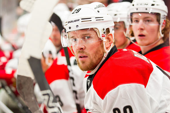 ST. PAUL, MN - APRIL 04: Carolina Hurricanes left wing Bryan Bickell (29) looks on in the 1st period during the game between the Carolina Hurricanes and the Minnesota Wild on April 4, 2017 at Xcel Energy Center in St. Paul, Minnesota. (Photo by David Berding/Icon Sportswire via Getty Images)