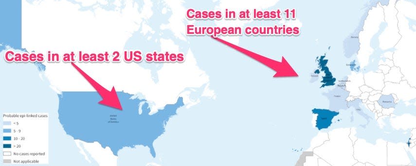 who map of where hepatitis cases have been reported so far - 11 euro countries, plus US