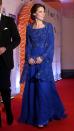 <p>All dressed up for a charity gala with Bollywood's biggest stars, Kate wore a royal blue Jenny Packham gown and shawl that included detailed hand beading done in India.</p>