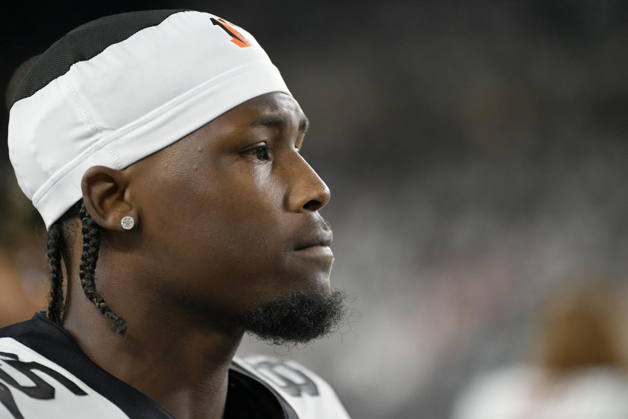 Sep 29, 2022; Cincinnati, Ohio, USA; Cincinnati Bengals wide receiver Tee Higgins (85) walks to the locker room after the second quarter against the Miami Dolphins at Paycor Stadium. Mandatory Credit: Sam Greene/Cincinnati Enquirer via USA TODAY NETWORK