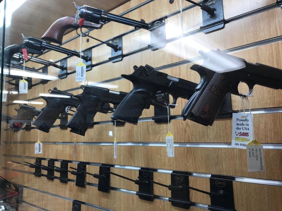 Handguns, as seen on Jan. 15, 2021, at M&R Guns & Ammo in Highgate Center.