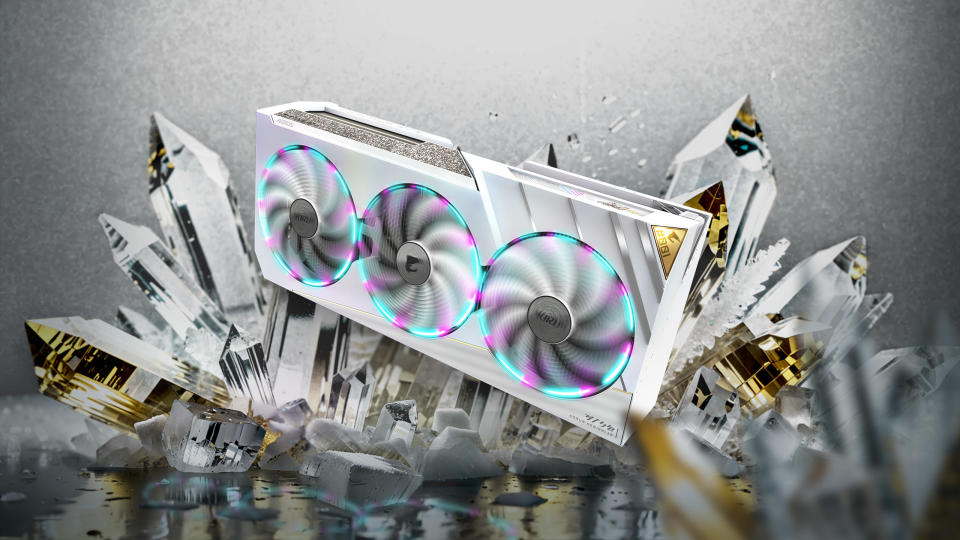 Image of the Gigabyte Aorus Xtreme Ice RTX 4080 Super graphics card.