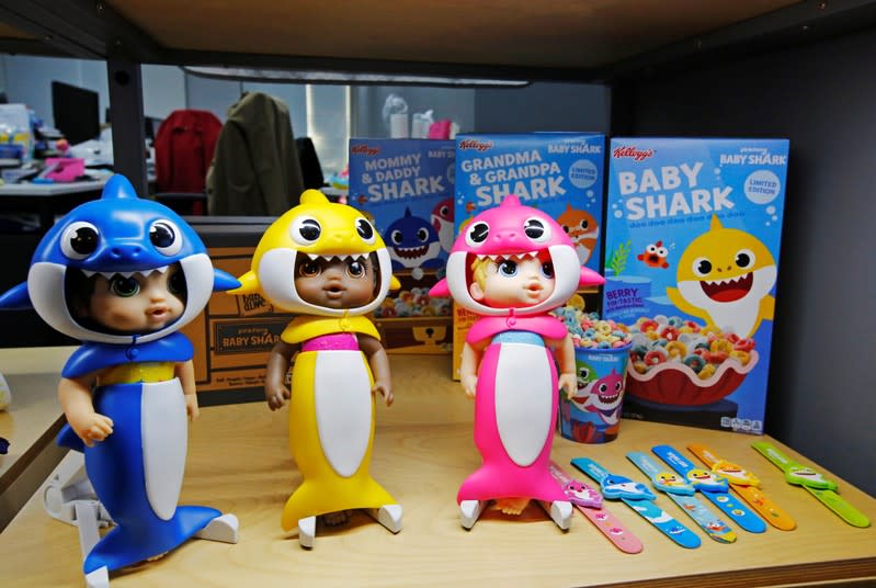 Baby Shark characters are seen on display at the company's office in Seoul