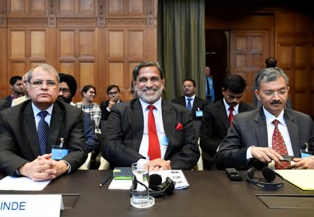 Vishnu Dutt Sharma, Venu Rajamony and Deepak Mittal are seen at the International Court of Justice, before the issue of a verdict in the case of Indian national Kulbhushan Jadhav, in The Hague