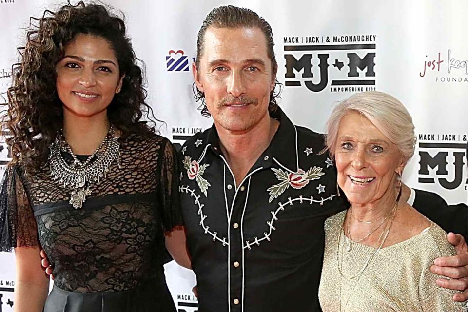 <p>Gary Miller/Getty</p> From left: Camila Alves McConaughey, Matthew McConaughey and Kay McConaughey in 2017