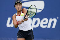Ann Li, of the United States, serves to Alison Riske, of the United States, during the second round of the US Open tennis championships, Wednesday, Sept. 2, 2020, in New York. (AP Photo/Seth Wenig)
